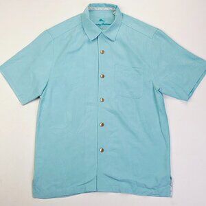 Tommy Bahama Small Men Aqua Blue Floral Short Sleeve Embroidered Logo Silk Shirt